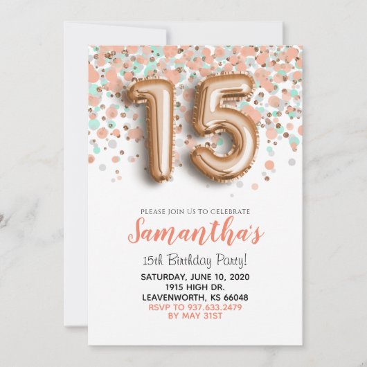 15. Geburtstag Rose Gold Confetti Einladung (Vorderseite)