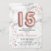 15. Geburtstag - Rose Goldballons Marmoreffekt Einladung (Vorne/Hinten)