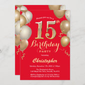 15. Geburtstag Rot und Gold Balloons Confetti Einladung (Vorne/Hinten)