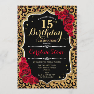 15. Geburtstag - Rote Rosen Leopard Print Einladung