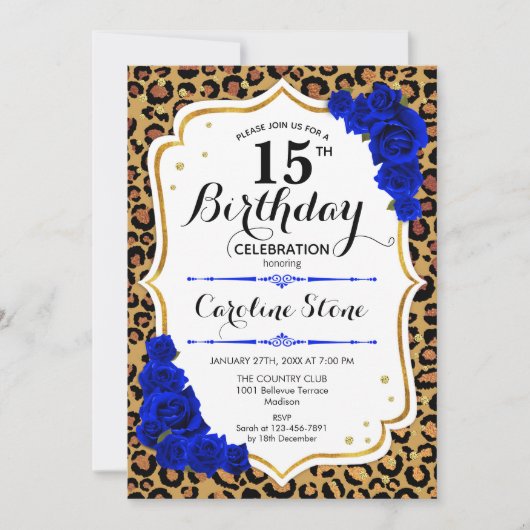 15. Geburtstag - Royal Blue Gold Leopard Print Einladung (Vorderseite)