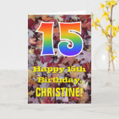 15. Geburtstag; Rustikale Herbstblätter; Regenboge Karte (Gelbe Blume)