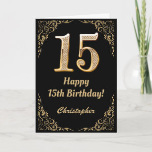 15. Geburtstag Schwarz-Gold-Glitzer-Rahmen Karte