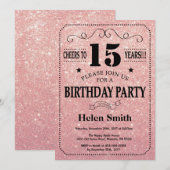 15. Geburtstag Schwarz-Rosa-Gold-Glitzer Einladung (Vorne/Hinten)