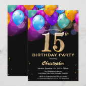 15. Geburtstag Schwarz und Gold farbige Ballons Einladung (Vorne/Hinten)