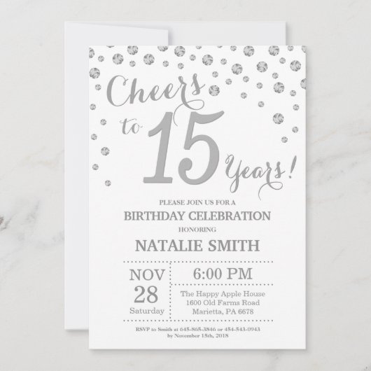 15. Geburtstag Silber Glitzer Diamond Einladung (Vorderseite)