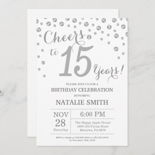 15. Geburtstag Silber Glitzer Diamond Einladung (Vorne/Hinten)