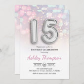 15. Geburtstag - Silberballons Rosa Lichter Einladung (Vorne/Hinten)