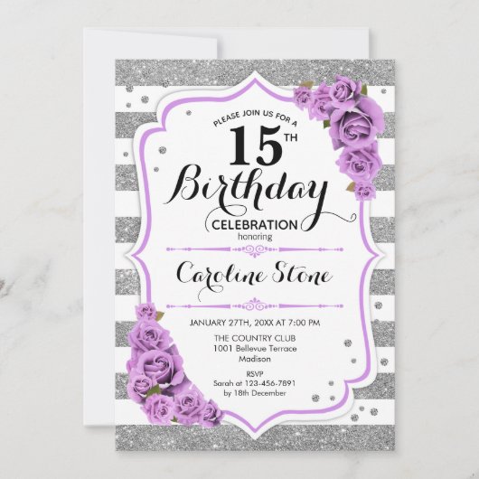 15. Geburtstag - Silberweiße Streifen Lila Rose Einladung (Vorderseite)