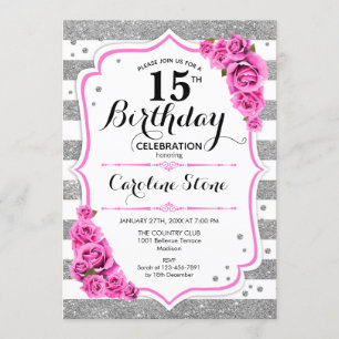 15. Geburtstag - Silberweiße Streifen Rosen pink Einladung