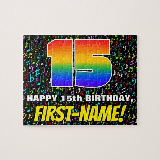 15. Geburtstag — Spaß, farbenfrohe Musiksymbole & Puzzle (Horizontal)