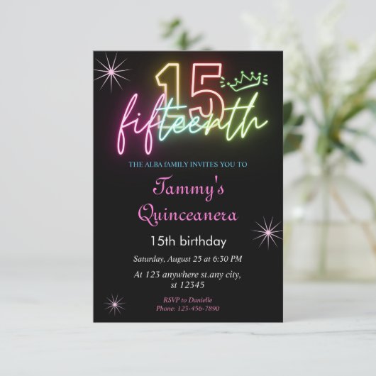 15. GeburtstagGlow Neon Quinceanera Einladung (Stehend Vorderseite)