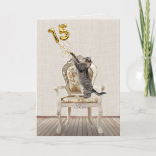 15. Geburtstagsballons und Tabby Cat Karte