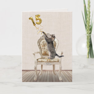 15. Geburtstagsballons und Tabby Cat Karte