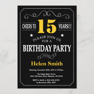 15. Geburtstagskarte Schwarz und Gelb Einladung