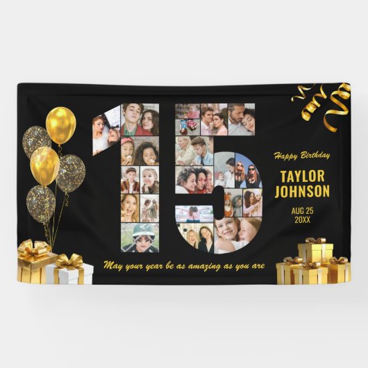 15. Geburtstagsnummer 15 Fotocollage Schwarz Gold Banner (Horizontal)