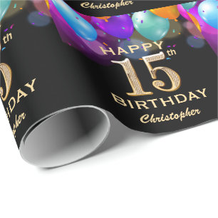 15. Geburtstagsparty Black and Gold Ballons Geschenkpapier
