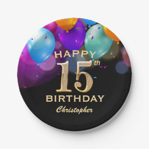 15. Geburtstagsparty Black and Gold Ballons Pappteller