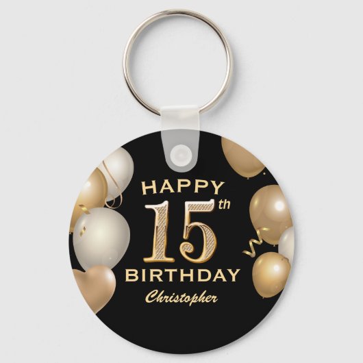 15. Geburtstagsparty Black and Gold Ballons Schlüsselanhänger (Vorderseite)