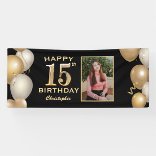 15. Geburtstagsparty Black and Gold Balloons Foto Banner
