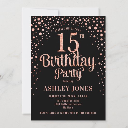 15. Geburtstagsparty - Black & Rose Gold Einladung (Vorderseite)