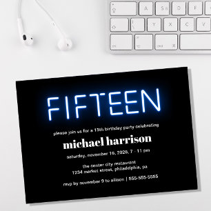 15. Geburtstagsparty Blue Neon Lights Einladung