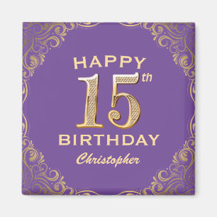 15. Geburtstagsparty Lila und Gold Glitzer Frame Magnet