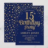 15. Geburtstagsparty - Navy & Gold Einladung (Vorne/Hinten)