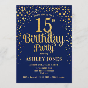 15. Geburtstagsparty - Navy & Gold Einladung