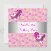 15. Geburtstagsparty Rosa Herz Silberballons Einladung (Vorderseite)