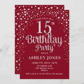 15. Geburtstagsparty - Rot & Silber Einladung (Vorne/Hinten)