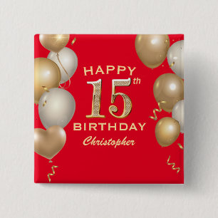 15. Geburtstagsparty Rot und Gold Ballons Button