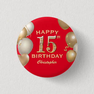 15. Geburtstagsparty Rot und Gold Ballons Button