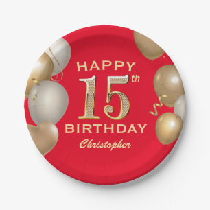 15. Geburtstagsparty Rot und Gold Ballons Pappteller