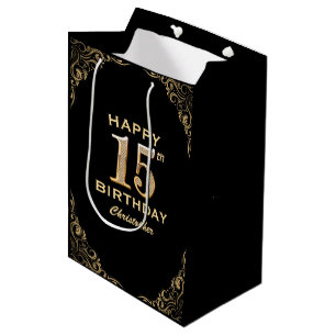 15. Geburtstagsparty Schwarz und Gold Glitzer Fram Mittlere Geschenktüte