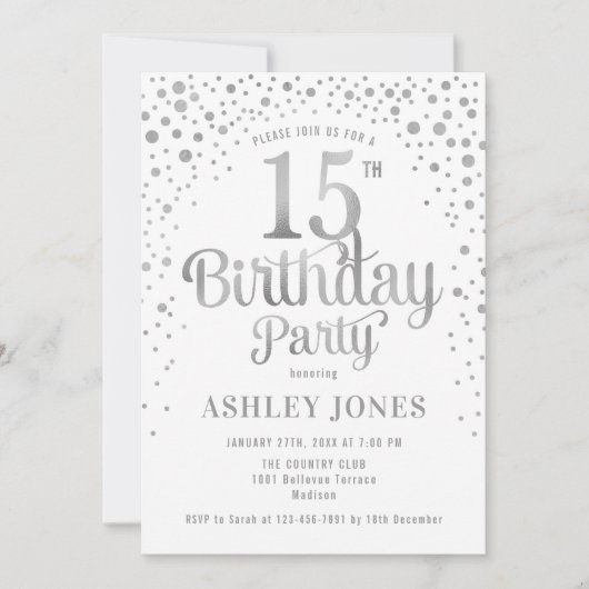15. Geburtstagsparty - Weiß & Silber Einladung (Vorderseite)