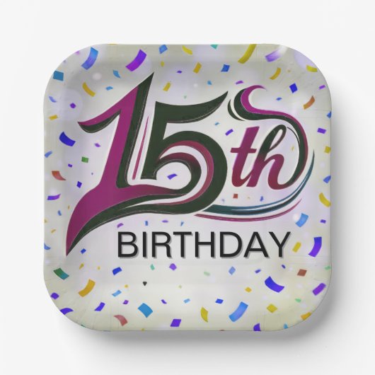 15. Geburtstagstext mit Party Confetti Pappteller (Vorderseite)