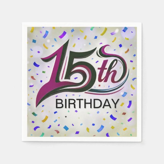 15. Geburtstagstext mit Party Confetti Serviette (Vorderseite)