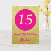 15. Happy Birthday Hot Pink und Gold Glitzer Karte (Gelbe Blume)