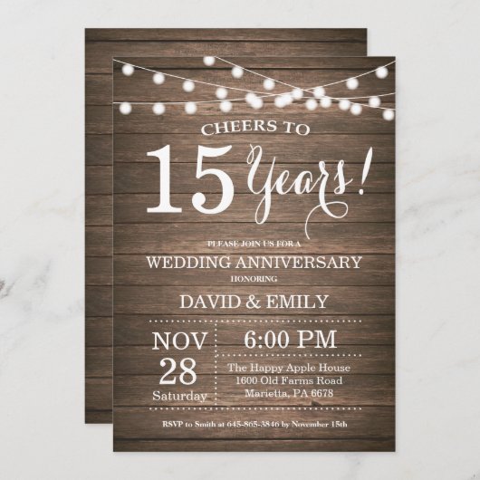 15. Hochzeitstag Einladung Rustikales Holz (Vorne/Hinten)