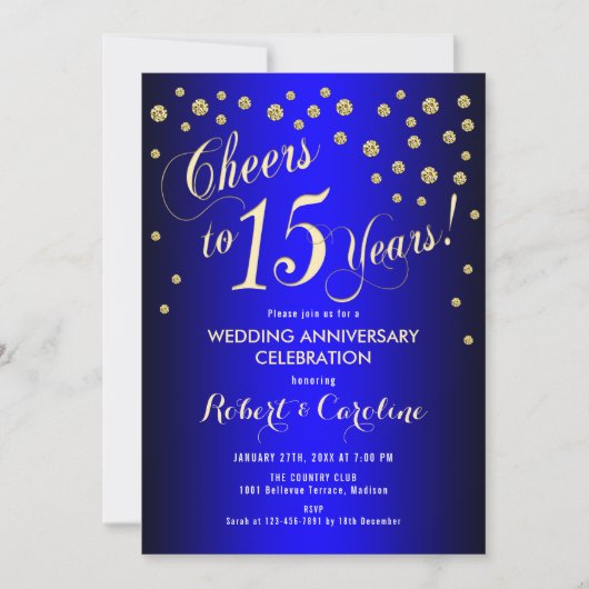 15. Hochzeitstag - Royal Blue & Gold Einladung (Vorderseite)