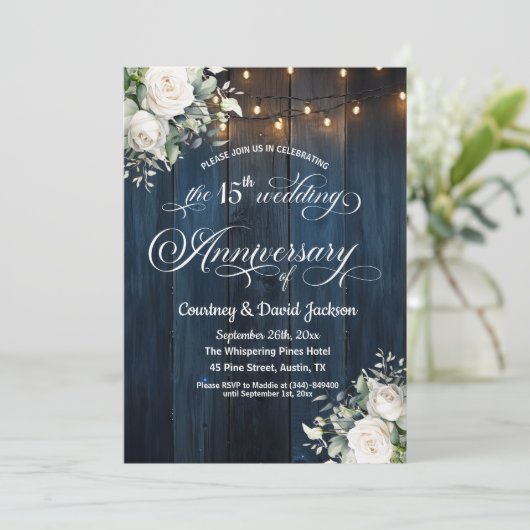 15. Hochzeitstag Rustikale blaue Saitenleuchten Einladung (Stehend Vorderseite)