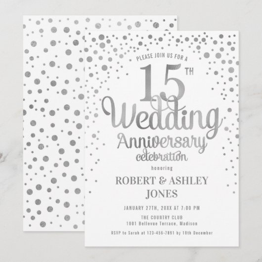 15. Hochzeitstag - Silber & Weiß Einladung (Vorne/Hinten)