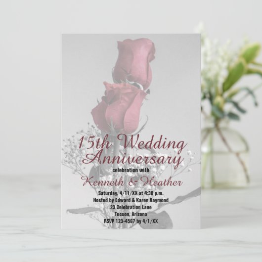 15. Hochzeitstag Zwei Rote Rosen Fotografie Einladung (Stehend Vorderseite)