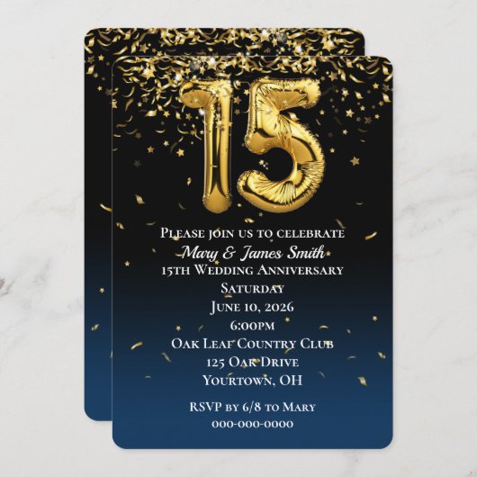 15 Jahre Gold Balloons & Confetti Invitati Einladung (Vorne/Hinten)