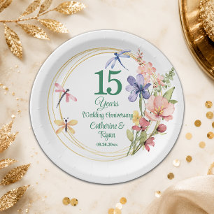 15. Kristallene Hochzeitstag Goldrahmen Floral Pappteller