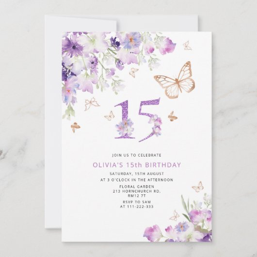 15. Lila Lilac Butterflies Geburtstag Einladung (Vorderseite)