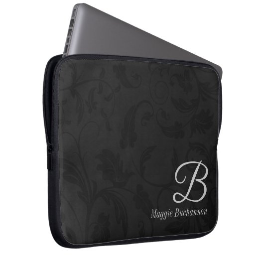 15" Mit Monogramm schwarzer Damast Laptopschutzhülle (Vorne Rechts)