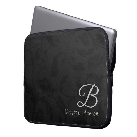 15" Mit Monogramm schwarzer Damast Laptopschutzhülle (Vorderseite Links)