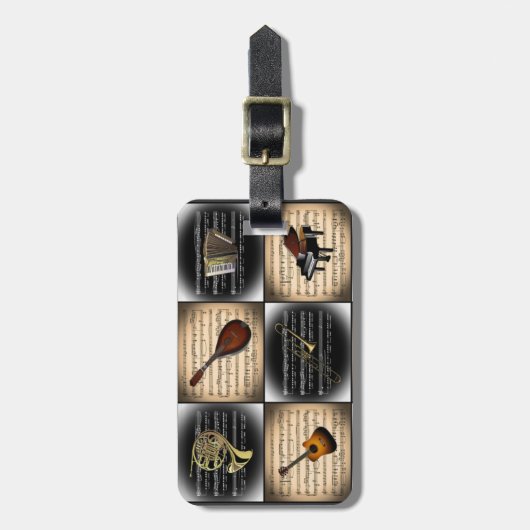 15 Musikinstrumente ~ Notenen-Hintergrund Gepäckanhänger (Vorderseite vertikal)